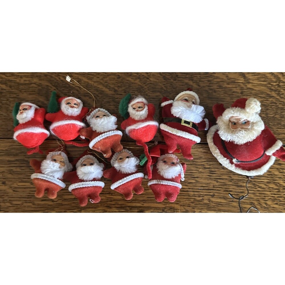 Vintage Flocked Santa Christmas Ornaments Lot of 10 Decor From 50's-60's